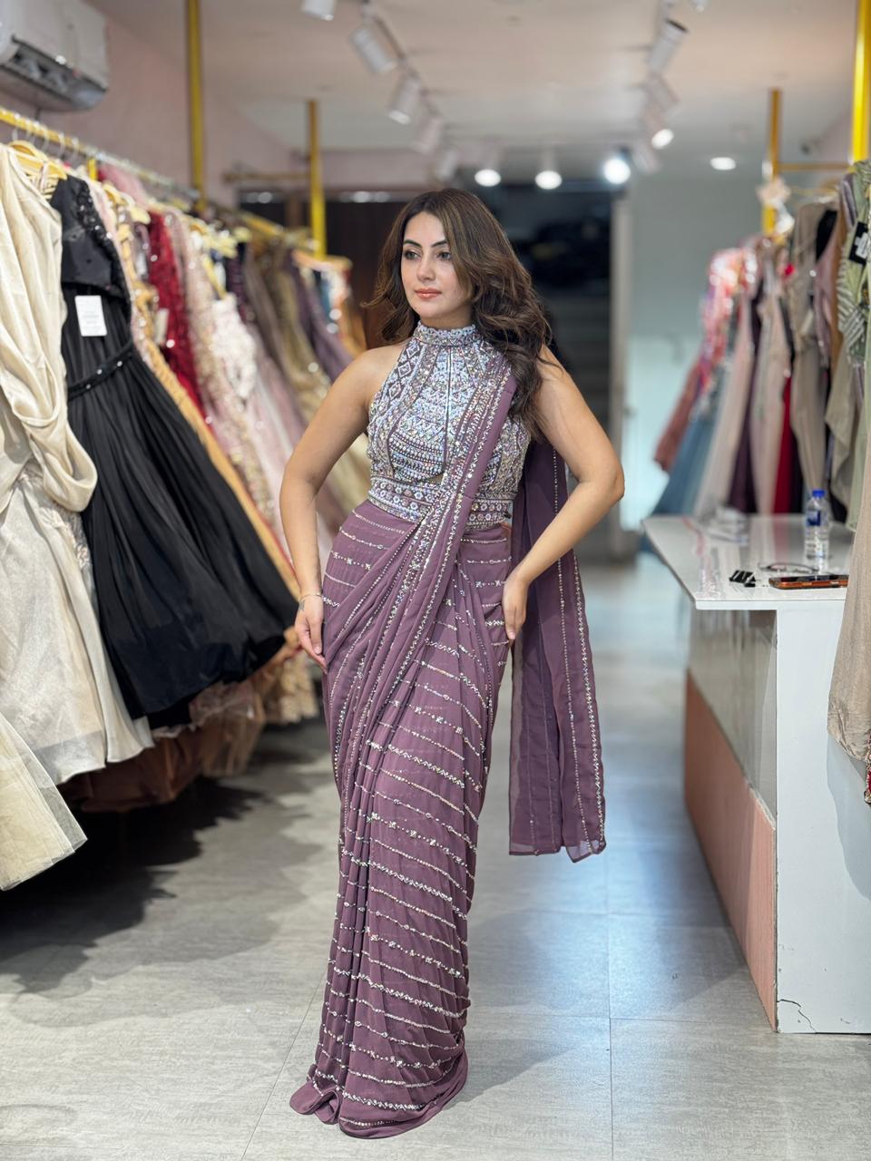 Poppy Mirage Sequin Saree Set