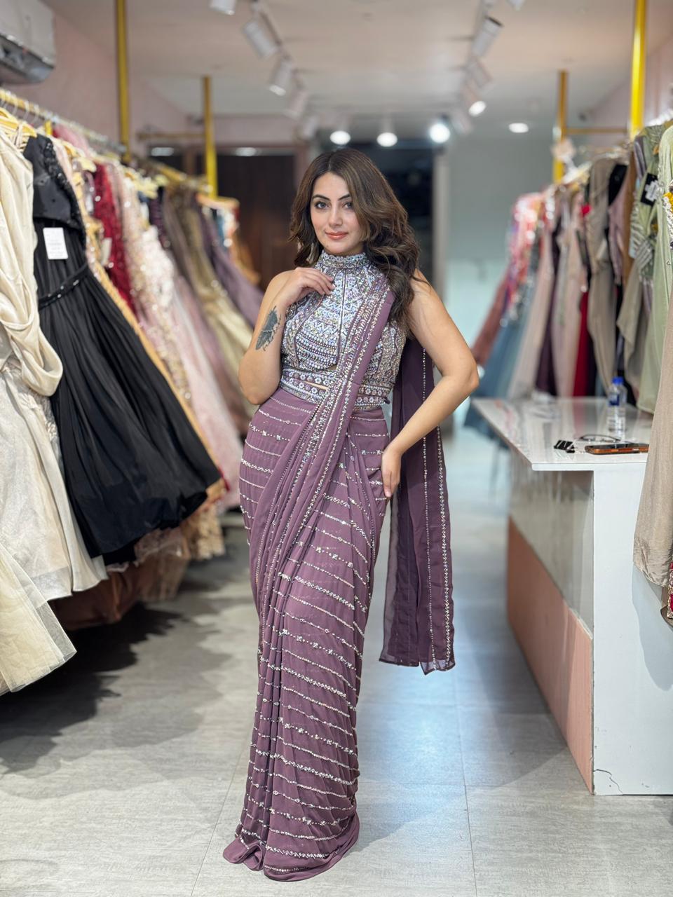 Poppy Mirage Sequin Saree Set