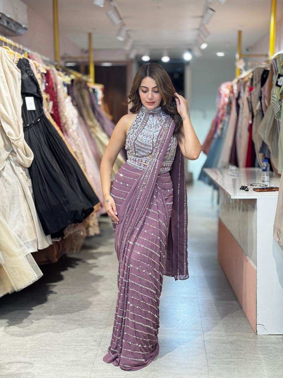 Poppy Mirage Sequin Saree Set