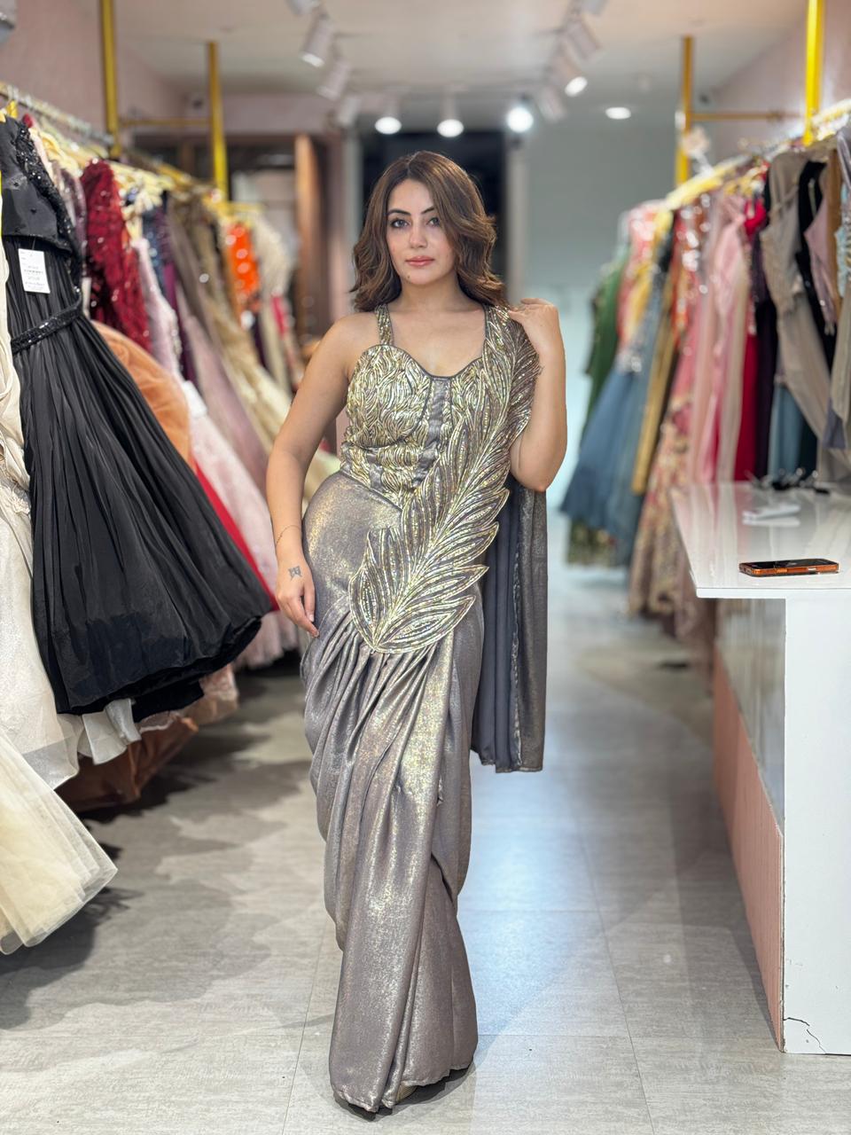 Steel Glam Feather Drape Saree
