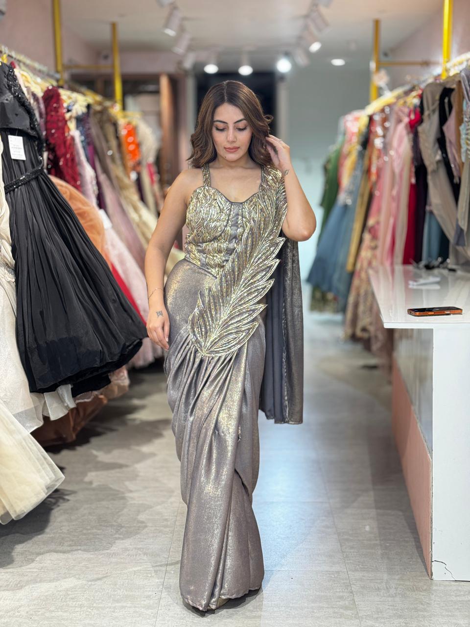 Steel Glam Feather Drape Saree