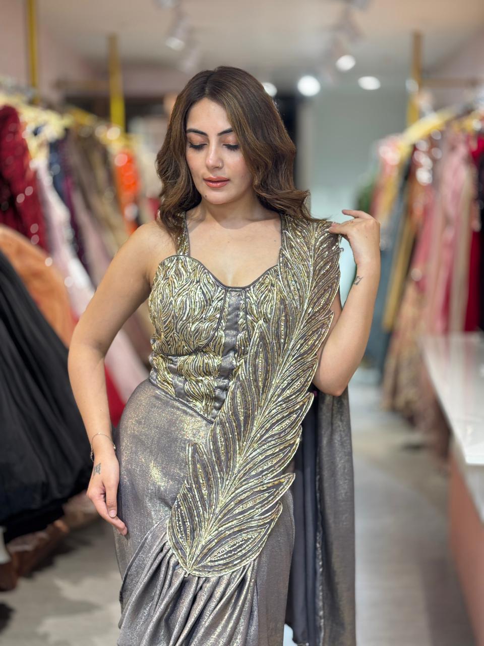 Steel Glam Feather Drape Saree