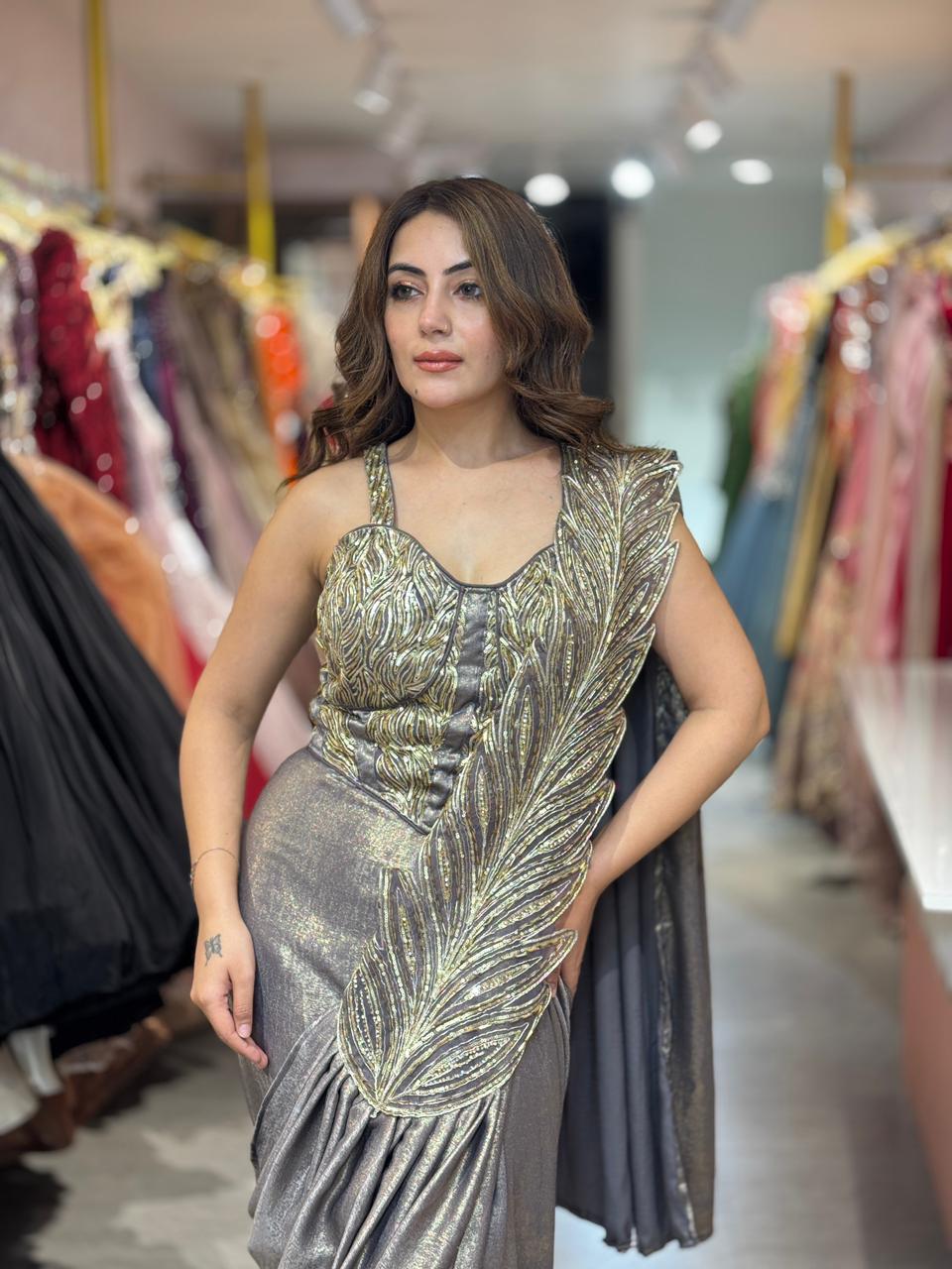 Steel Glam Feather Drape Saree