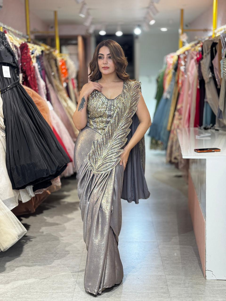 Steel Glam Feather Drape Saree