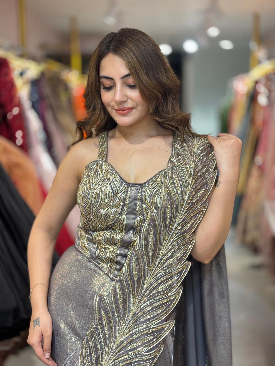 Steel Glam Feather Drape Saree