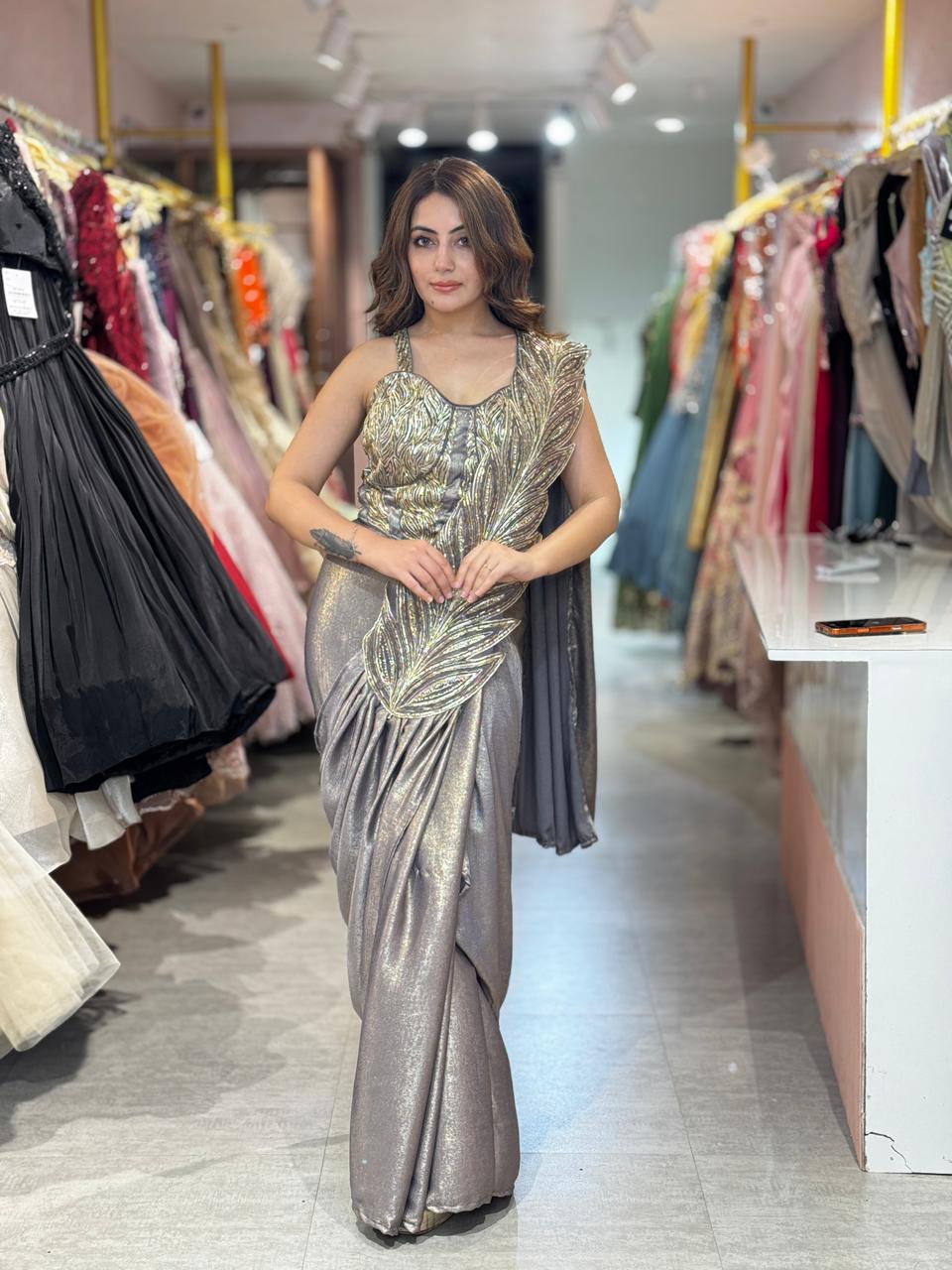 Steel Glam Feather Drape Saree