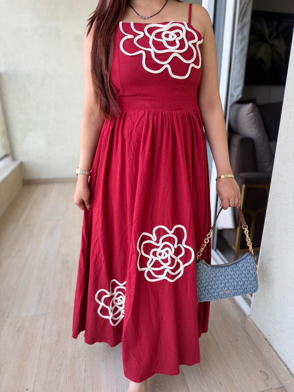 Rose Appliqué Midi Dress