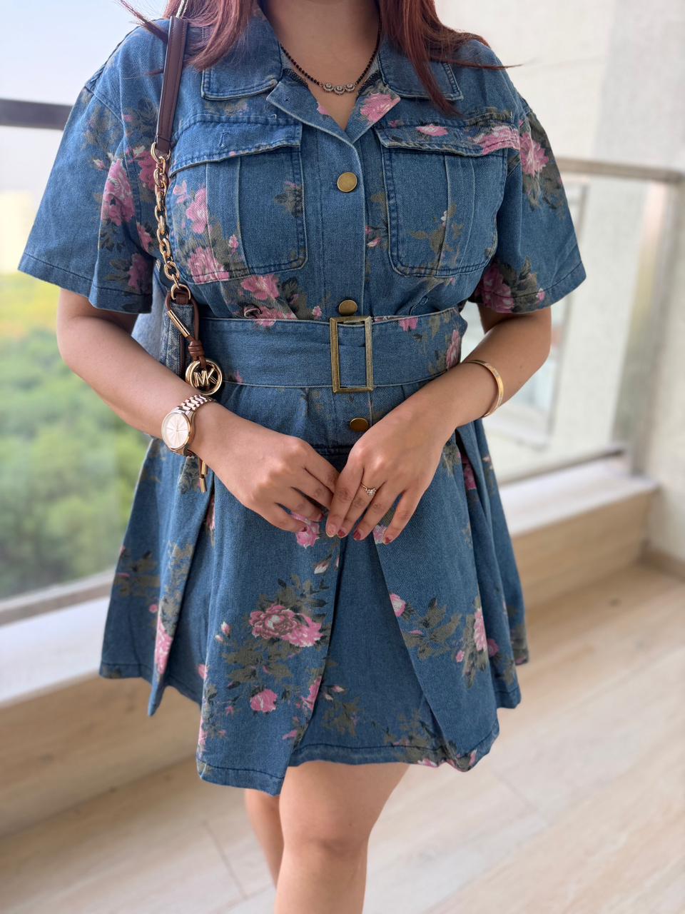 Vintage Bloom Denim Belted Dress