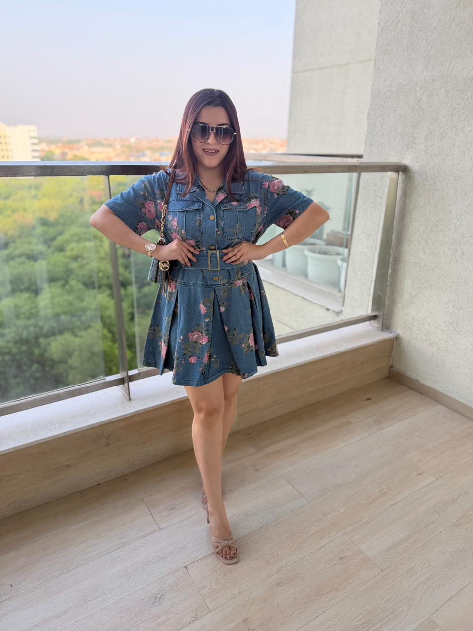 Vintage Bloom Denim Belted Dress