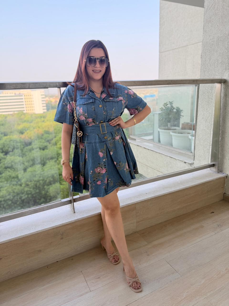 Vintage Bloom Denim Belted Dress