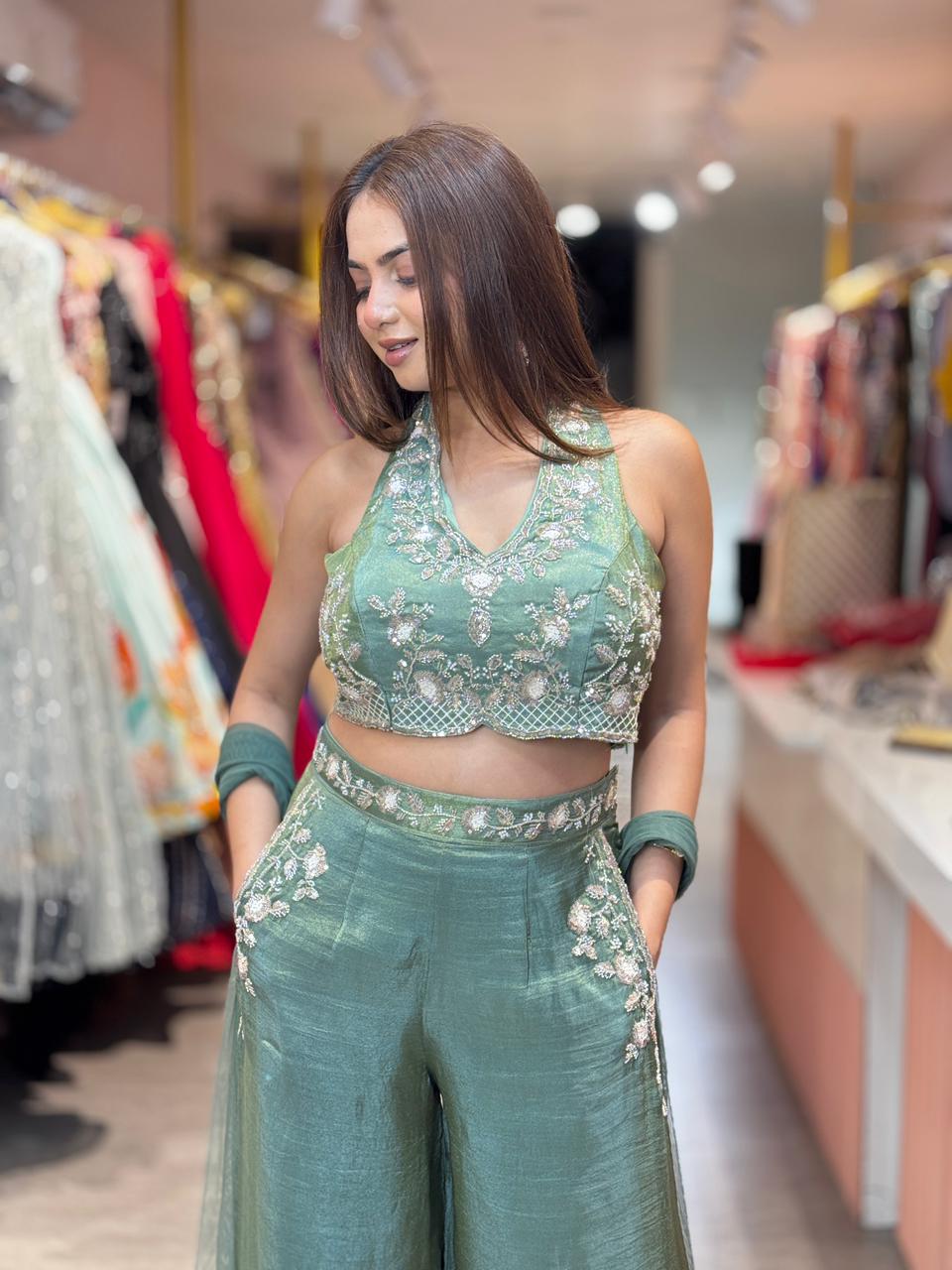 Emerald Grace Embroidered Sharara Set