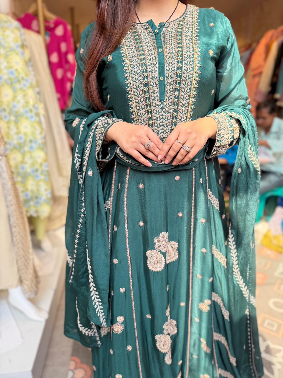 Emerald Grace Hand-Embroidered Anarkali Set