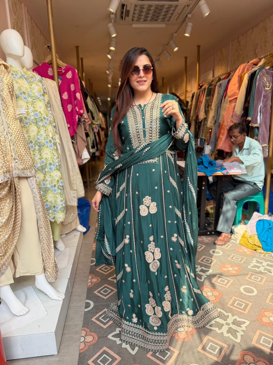 Emerald Grace Hand-Embroidered Anarkali Set