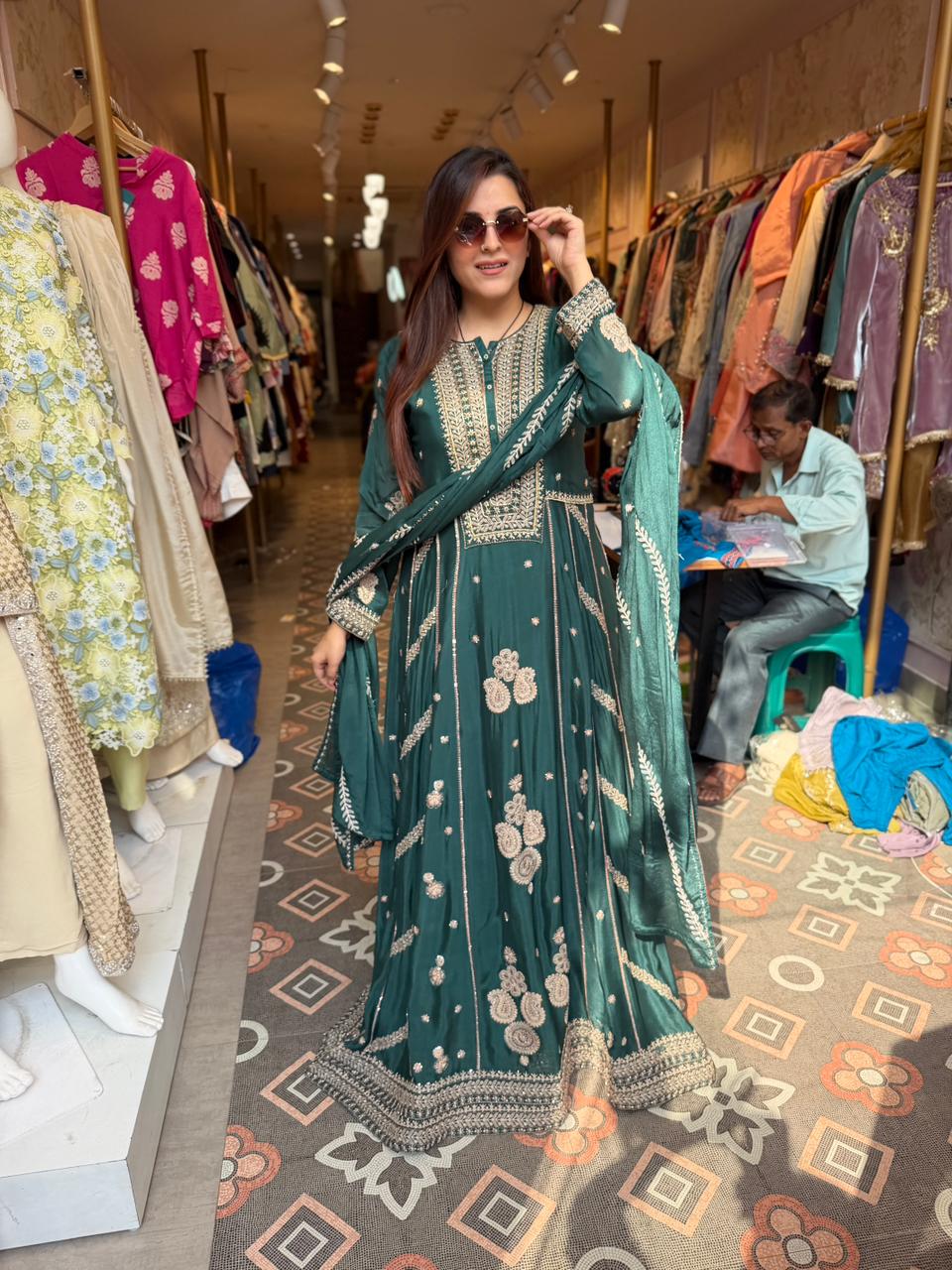 Emerald Grace Hand-Embroidered Anarkali Set