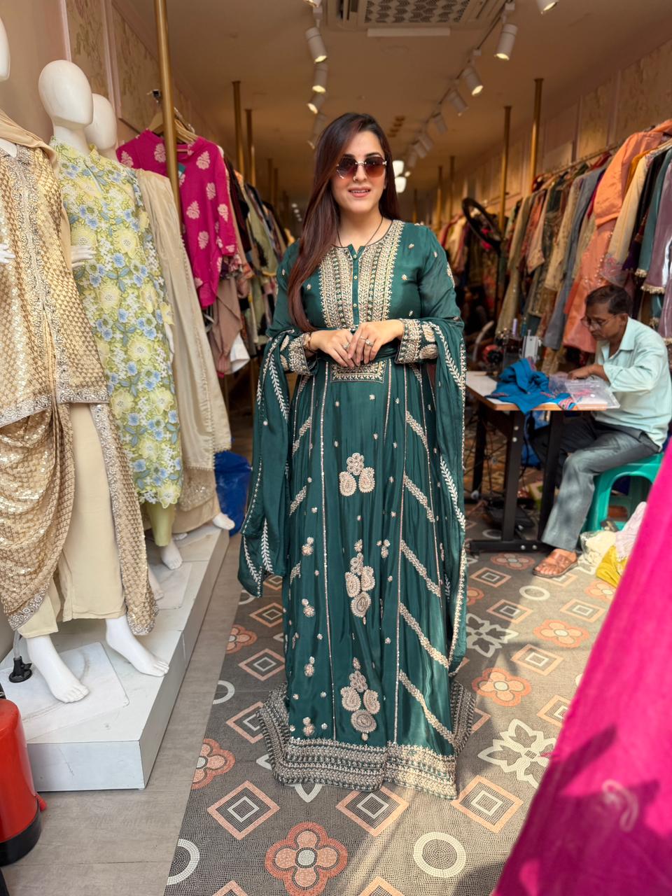 Emerald Grace Hand-Embroidered Anarkali Set