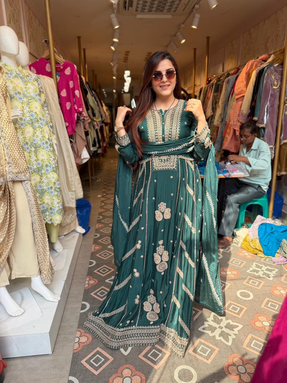 Emerald Grace Hand-Embroidered Anarkali Set