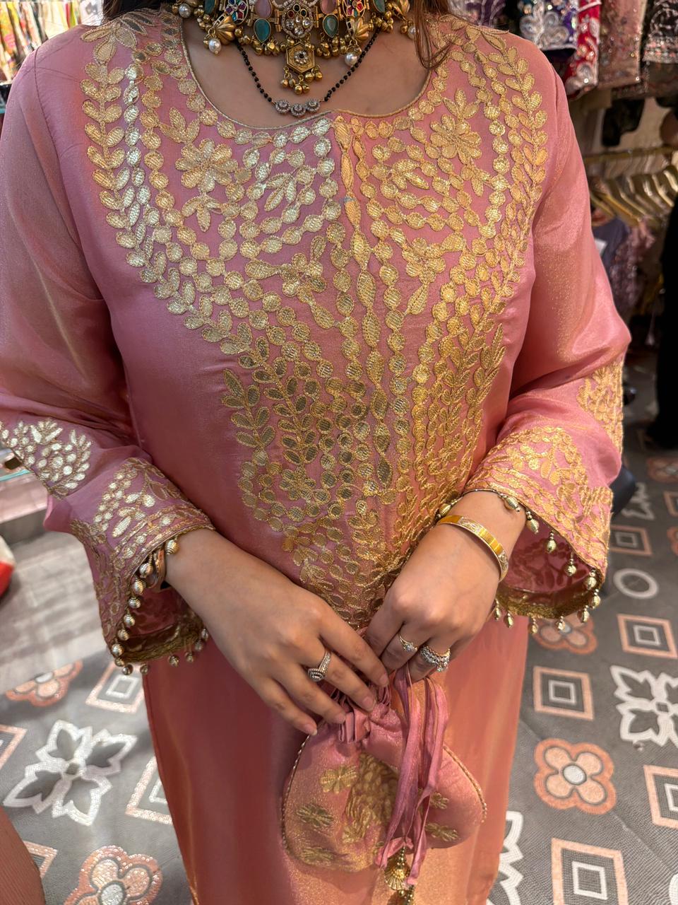 Rose Gold Zari Embroidered Luxe Kaftan Set with Potli Bag
