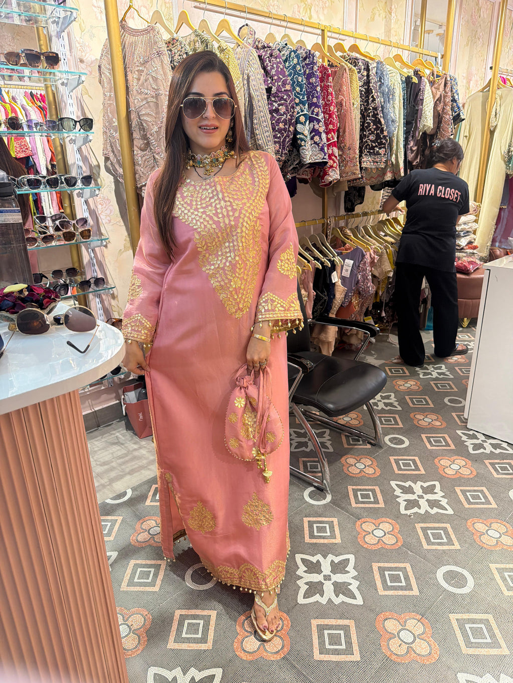 Rose Gold Zari Embroidered Luxe Kaftan Set with Potli Bag