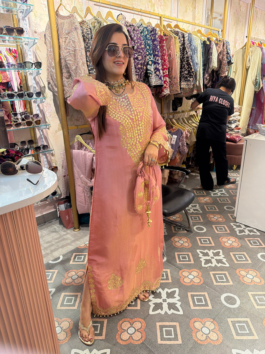 Rose Gold Zari Embroidered Luxe Kaftan Set with Potli Bag