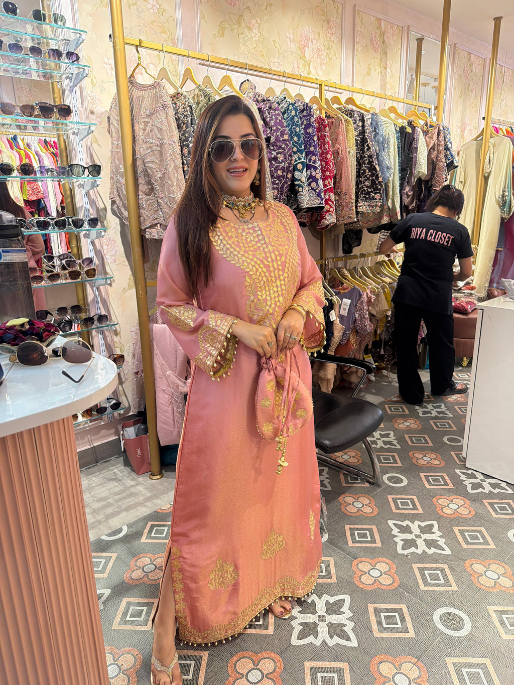 Rose Gold Zari Embroidered Luxe Kaftan Set with Potli Bag