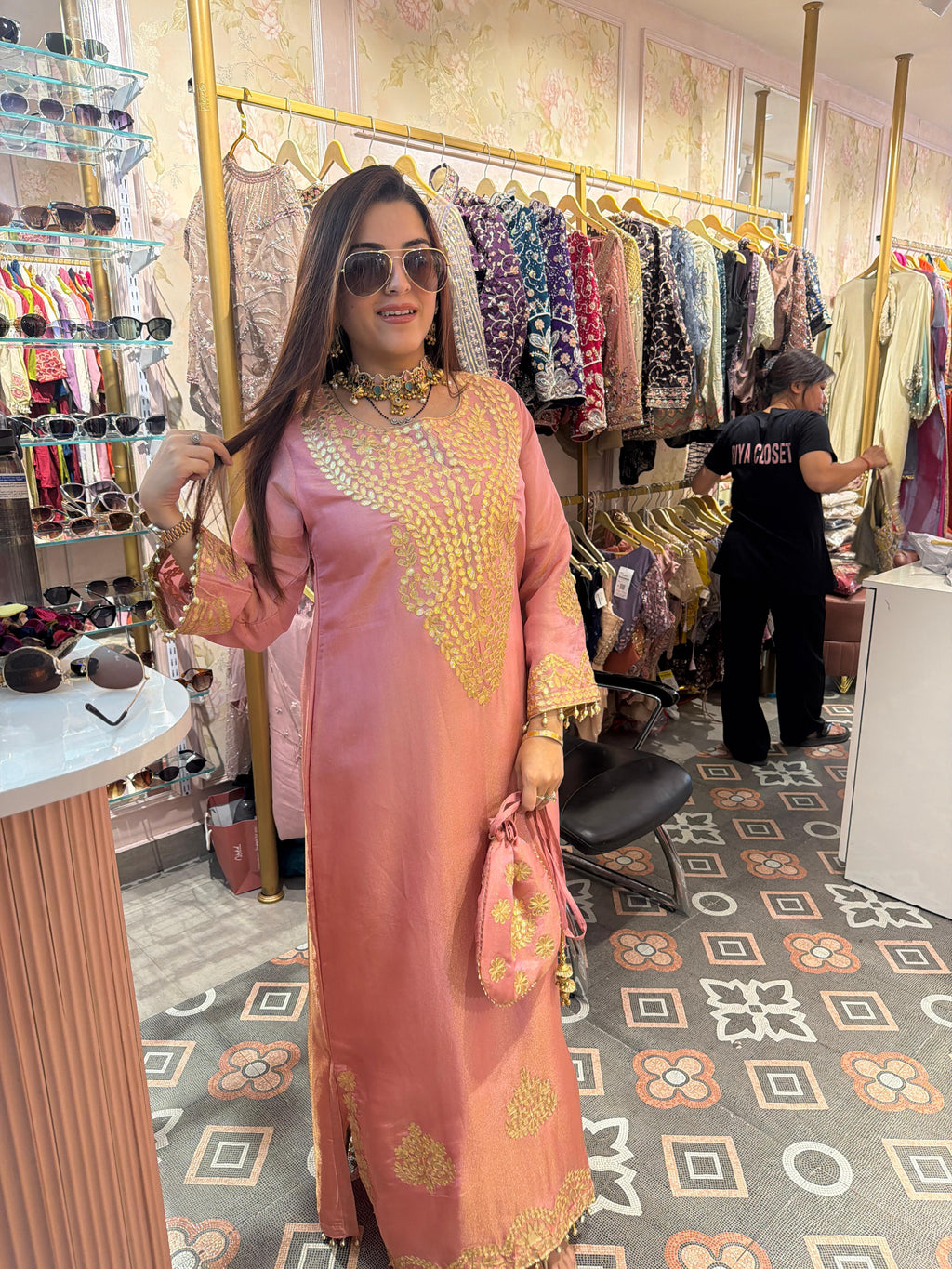 Rose Gold Zari Embroidered Luxe Kaftan Set with Potli Bag