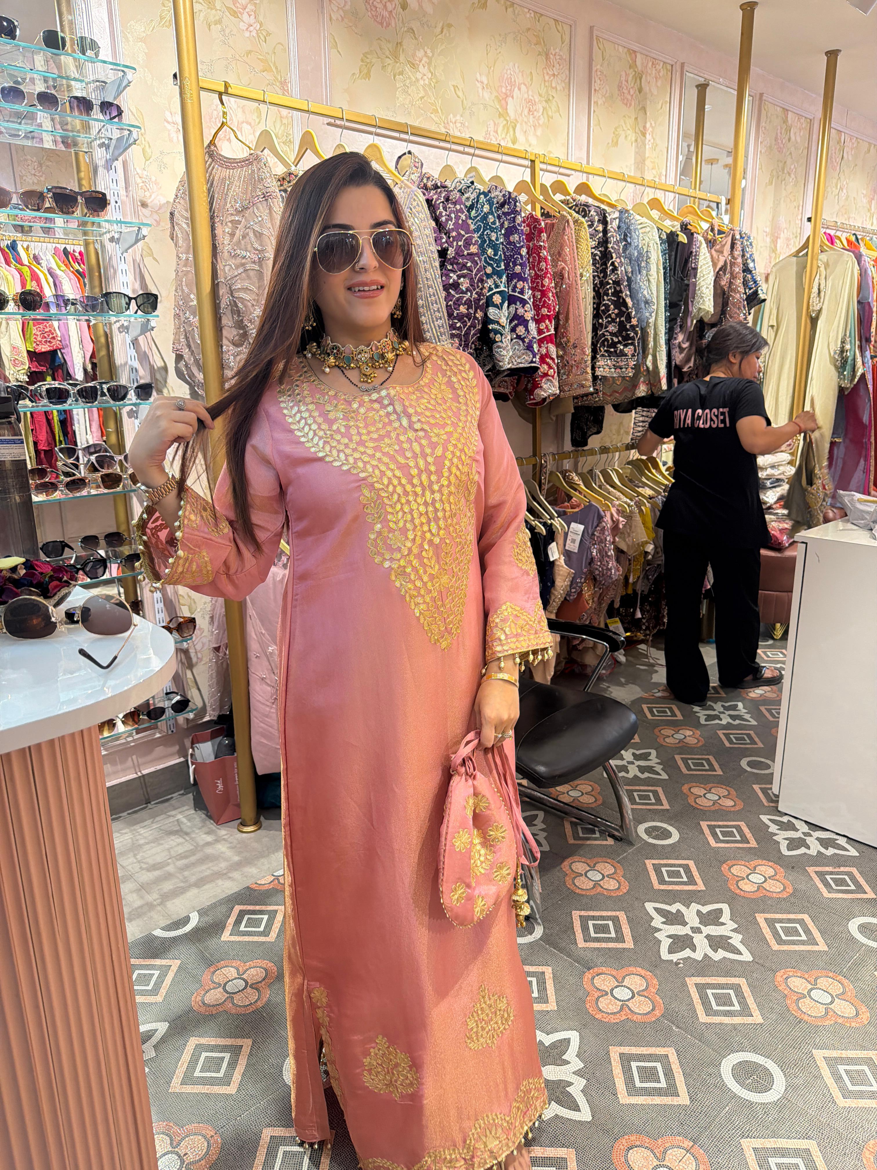 Rose Gold Zari Embroidered Luxe Kaftan Set with Potli Bag