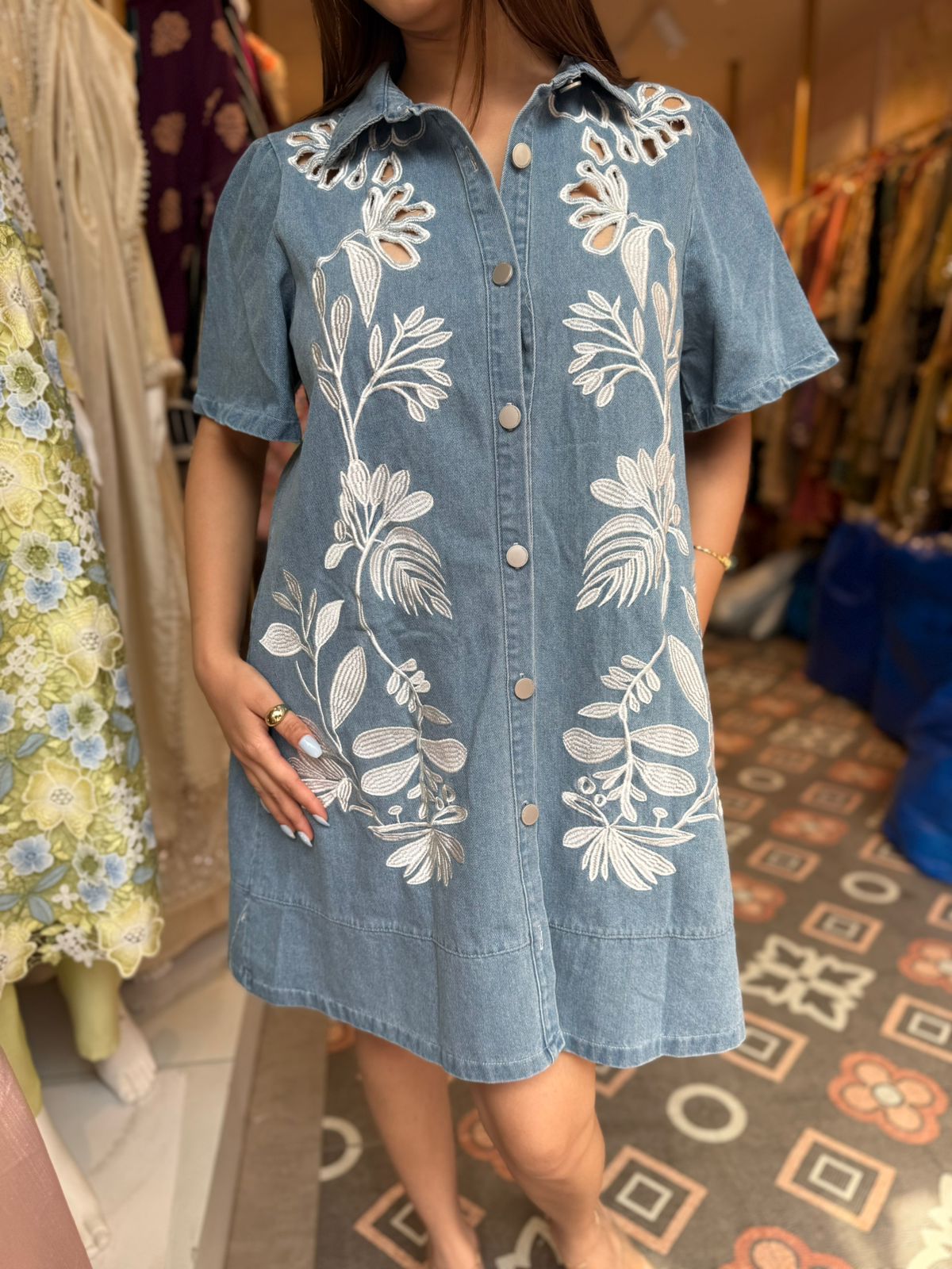 Denim Floral Embroidered Shirt Dress