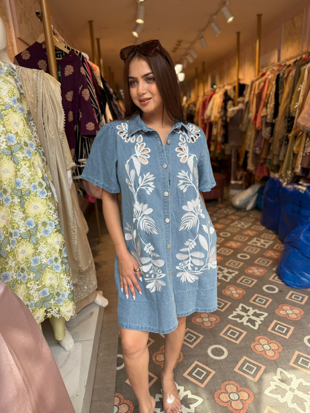 Denim Floral Embroidered Shirt Dress