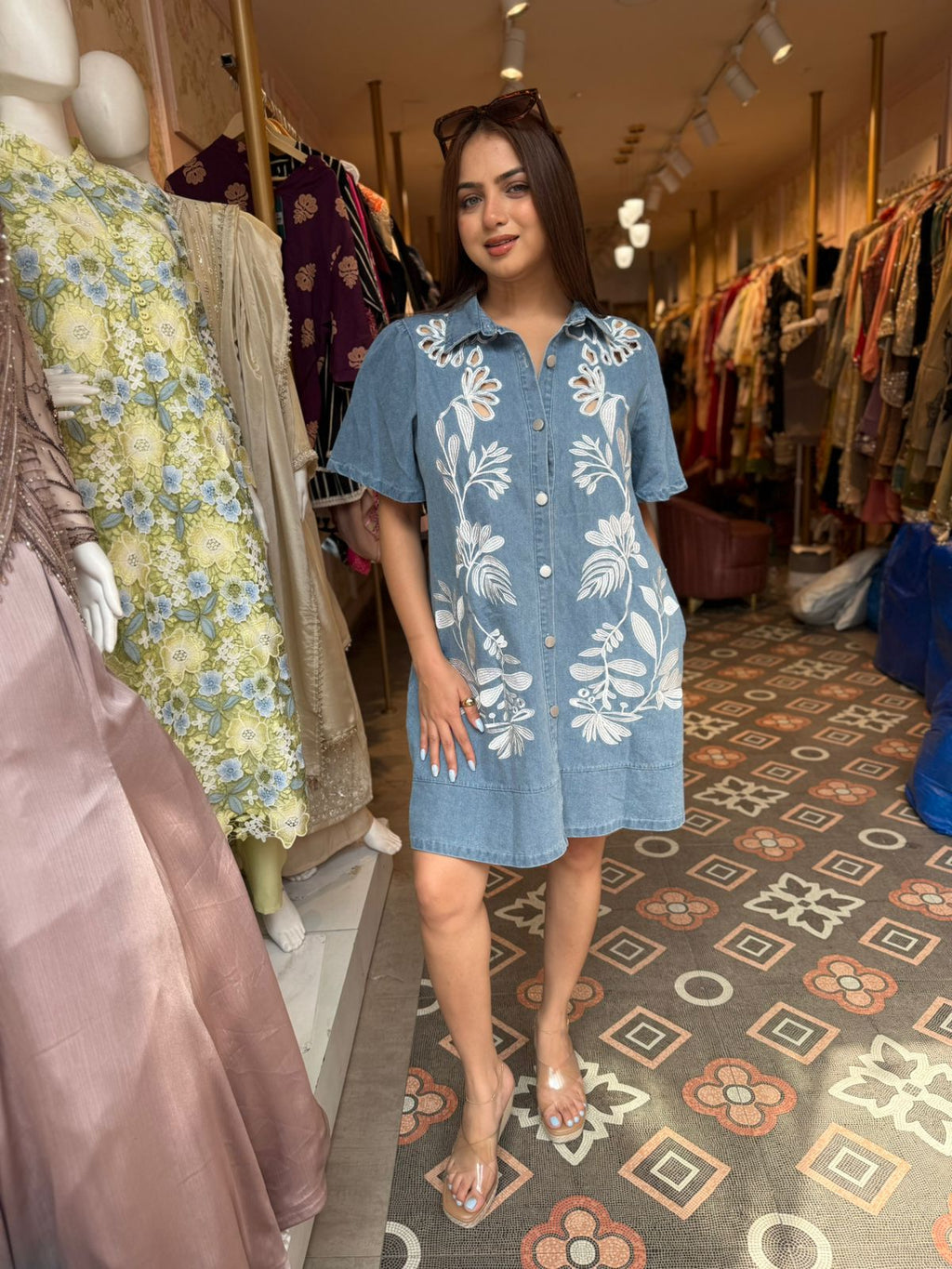 Denim Floral Embroidered Shirt Dress