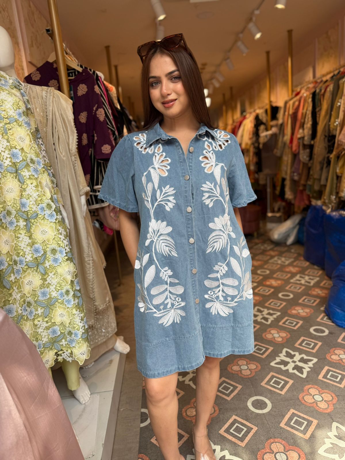 Denim Floral Embroidered Shirt Dress