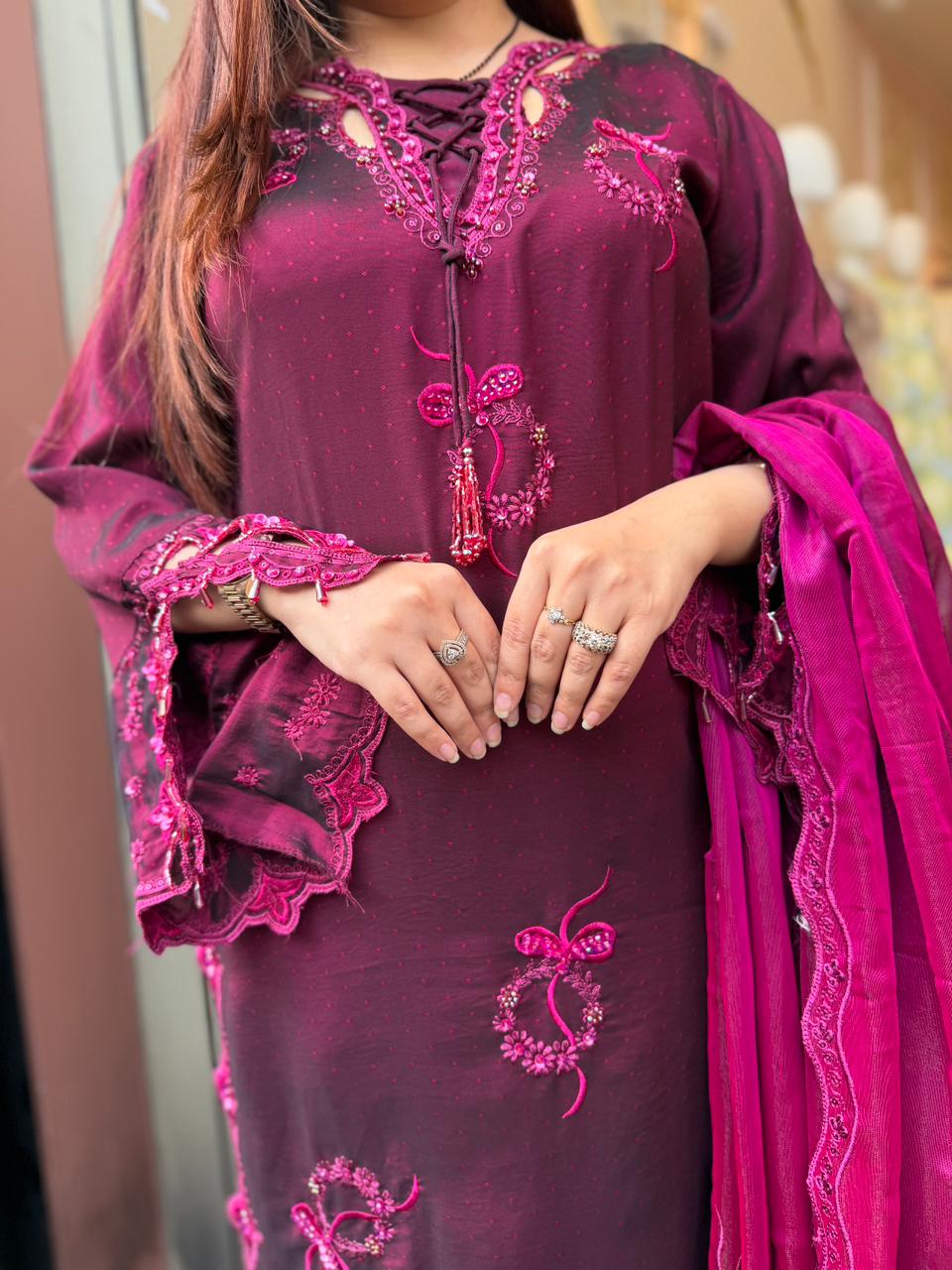 Berry Embroidered Luxury Suit Set