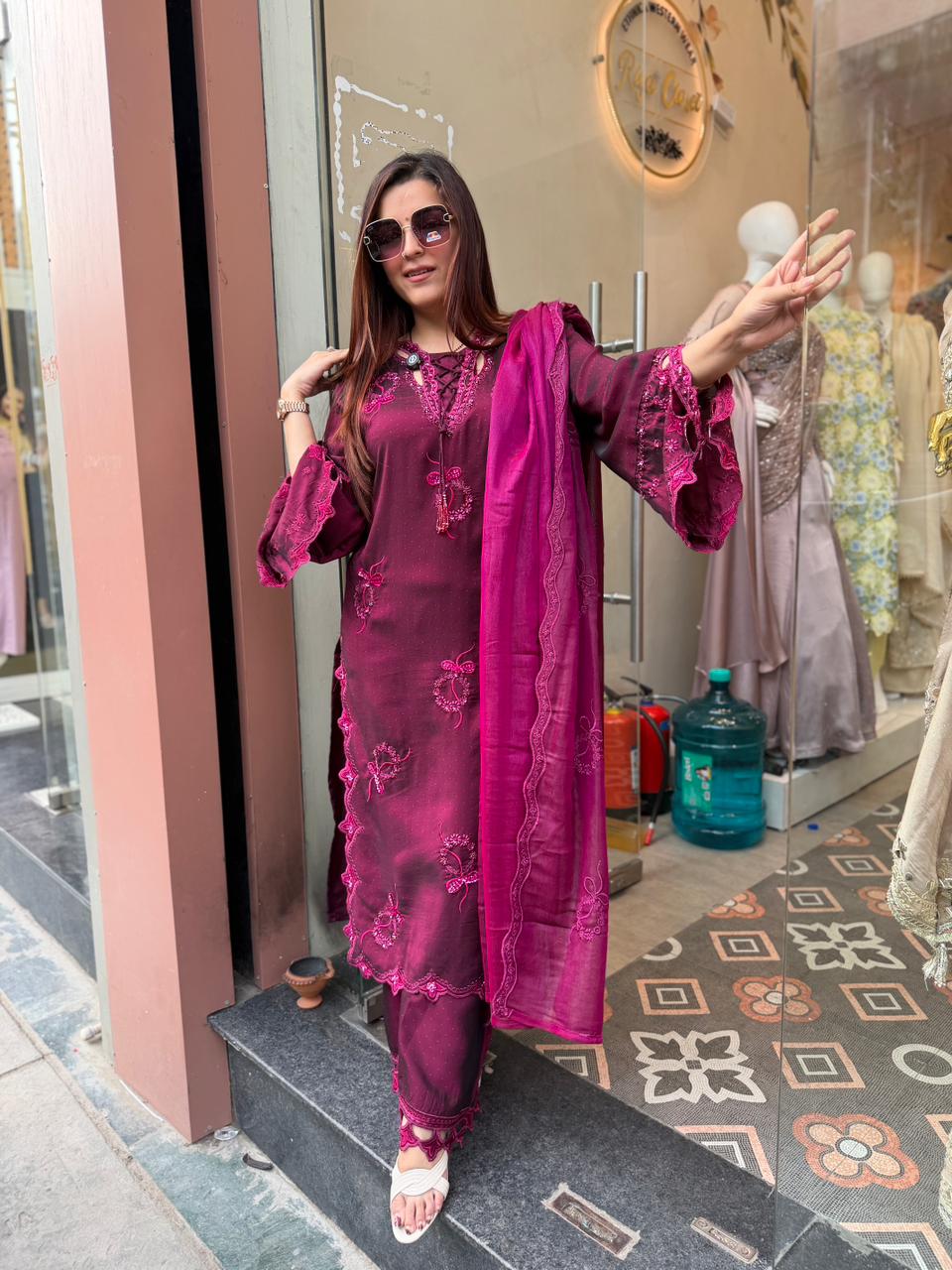 Berry Embroidered Luxury Suit Set