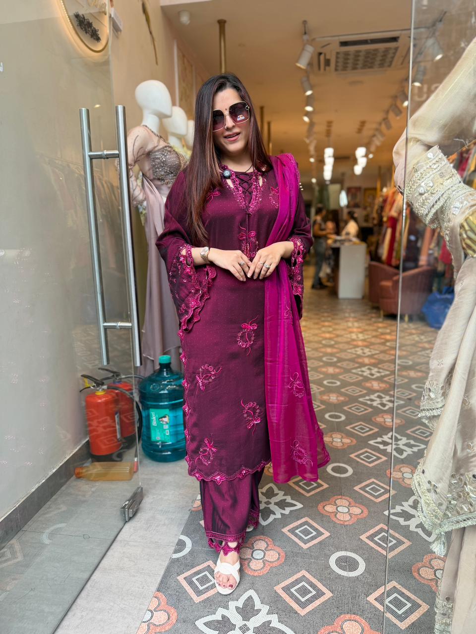 Berry Embroidered Luxury Suit Set