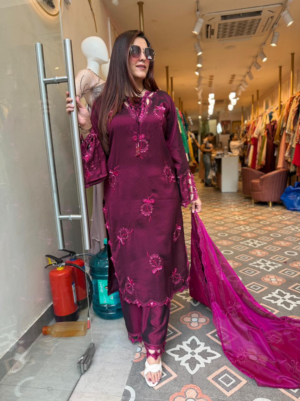 Berry Embroidered Luxury Suit Set