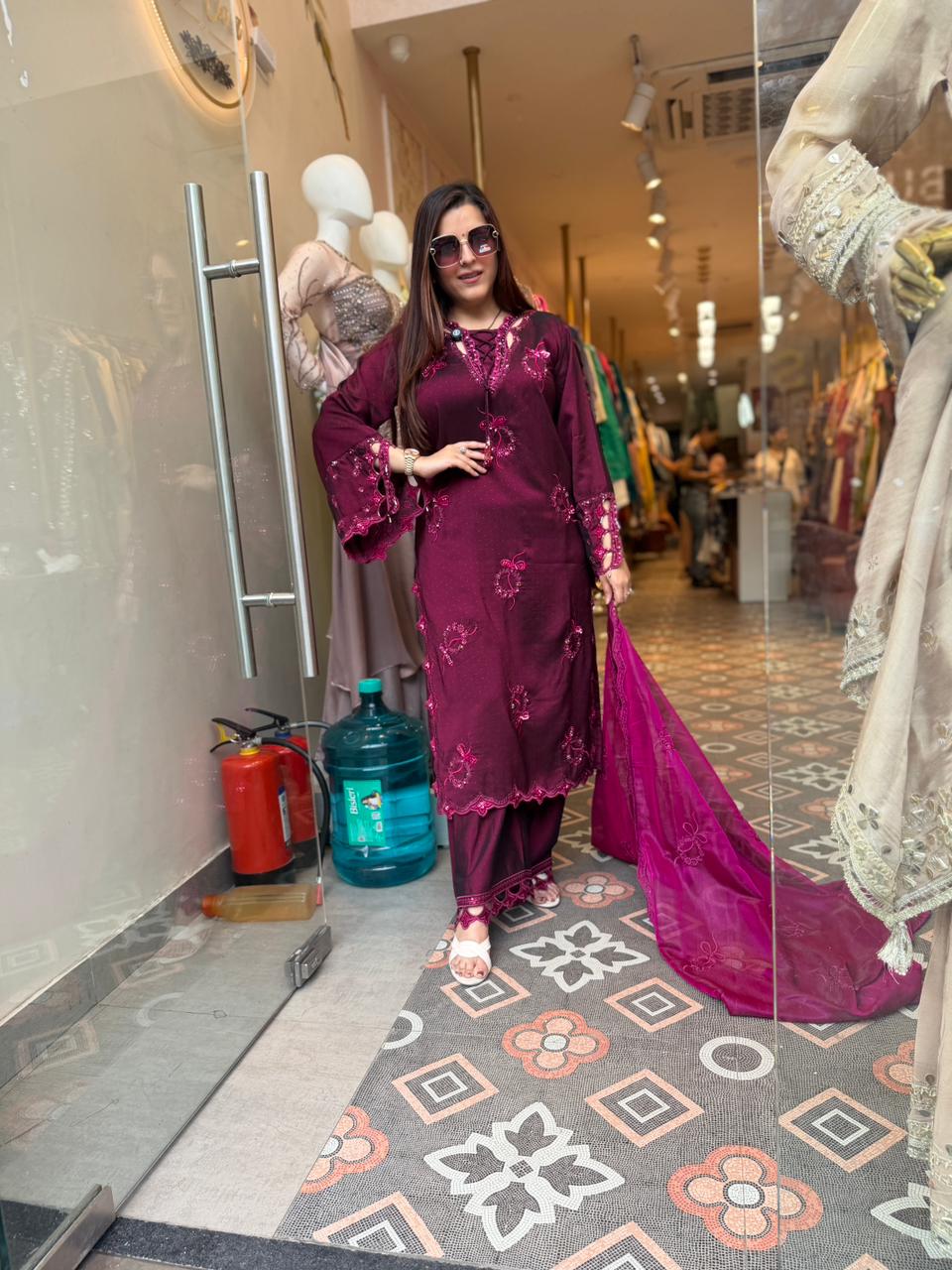 Berry Embroidered Luxury Suit Set