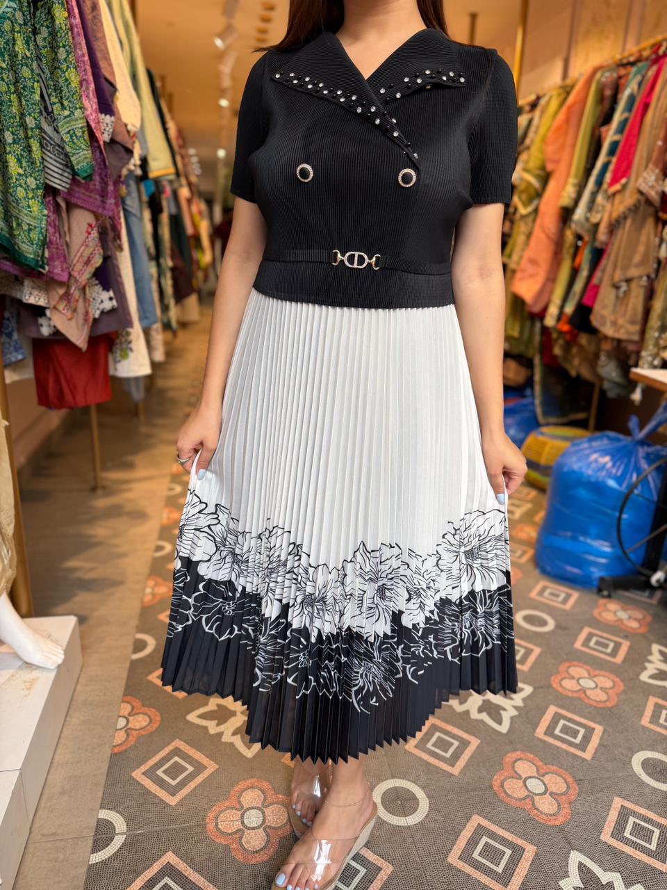 Monochrome Grace Pleated Midi Dress