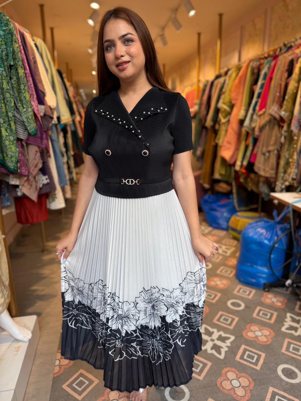 Monochrome Grace Pleated Midi Dress