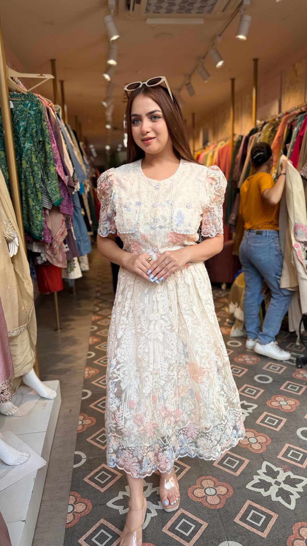Pastel Bloom Lace Midi Dress