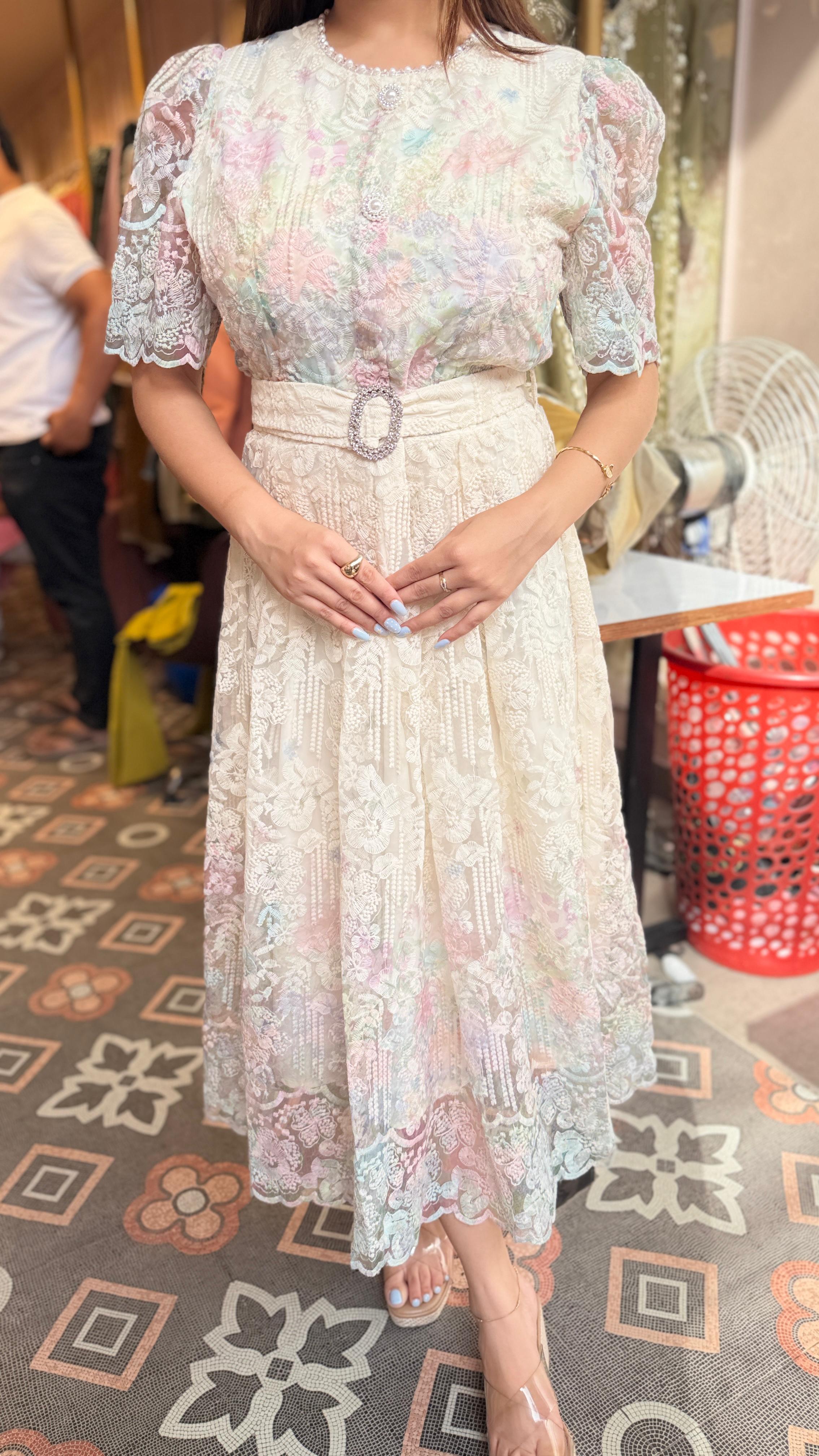 Pastel Bloom Lace Midi Dress