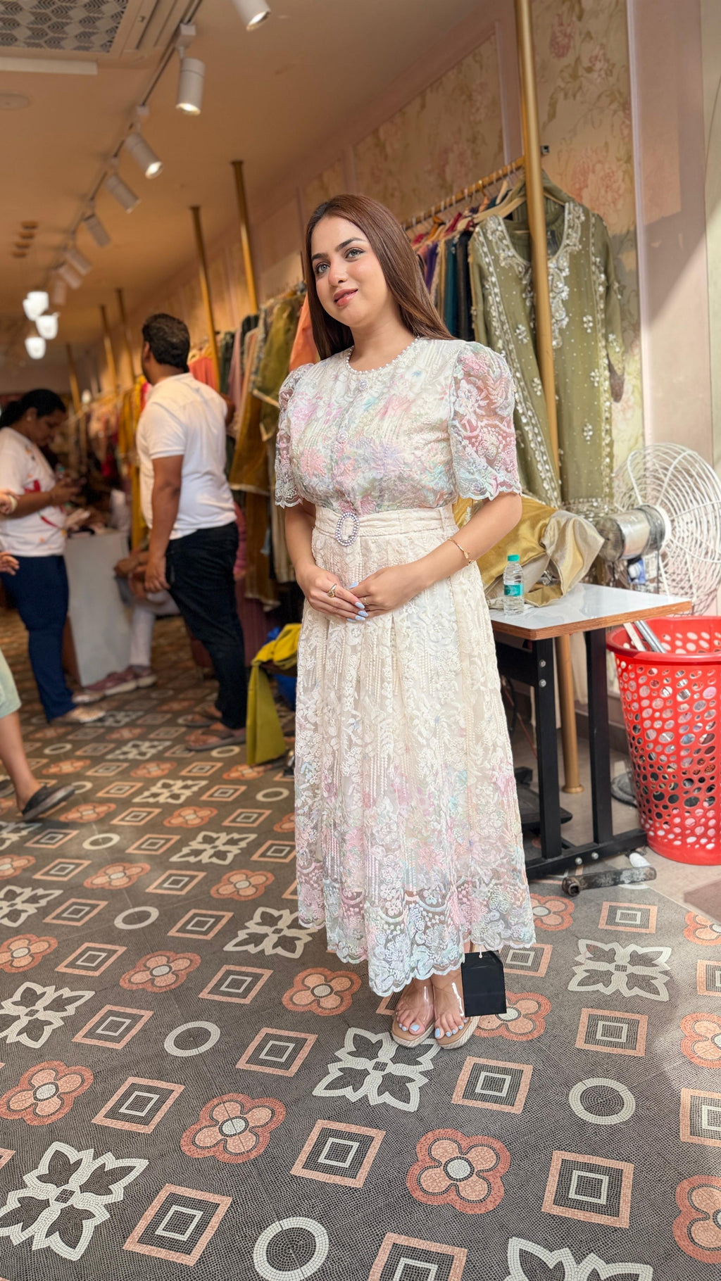 Pastel Bloom Lace Midi Dress