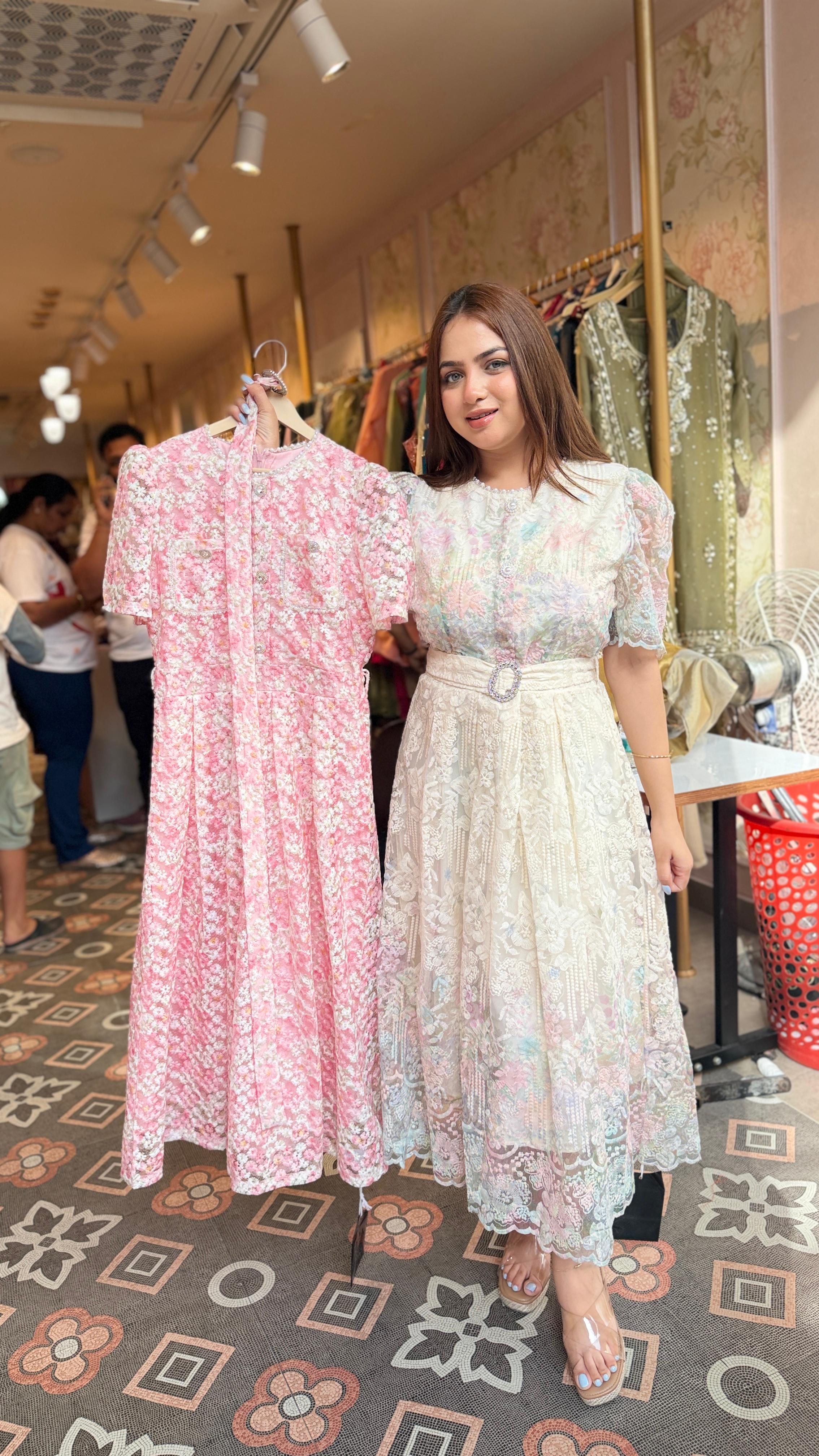 Pastel Bloom Lace Midi Dress