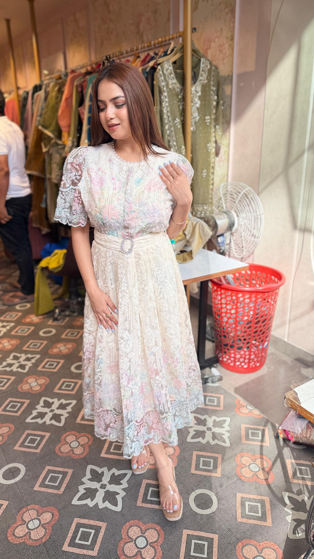 Pastel Bloom Lace Midi Dress