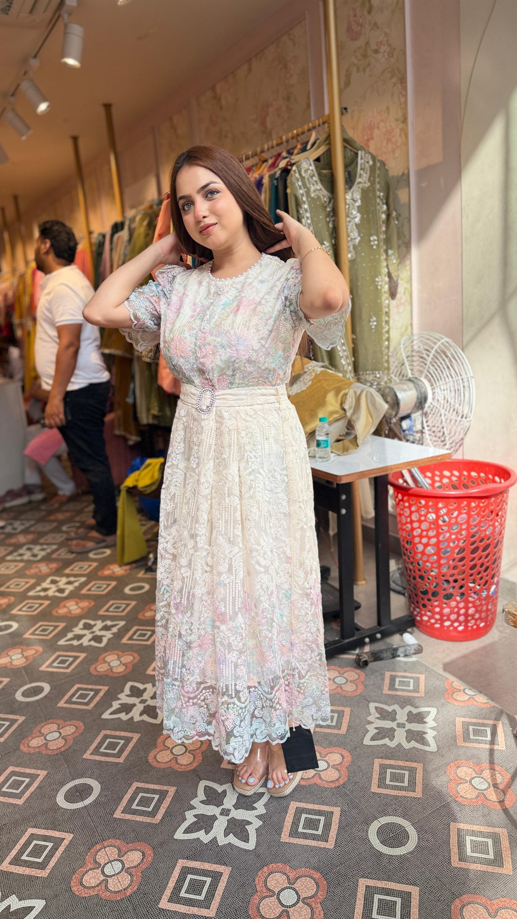 Pastel Bloom Lace Midi Dress