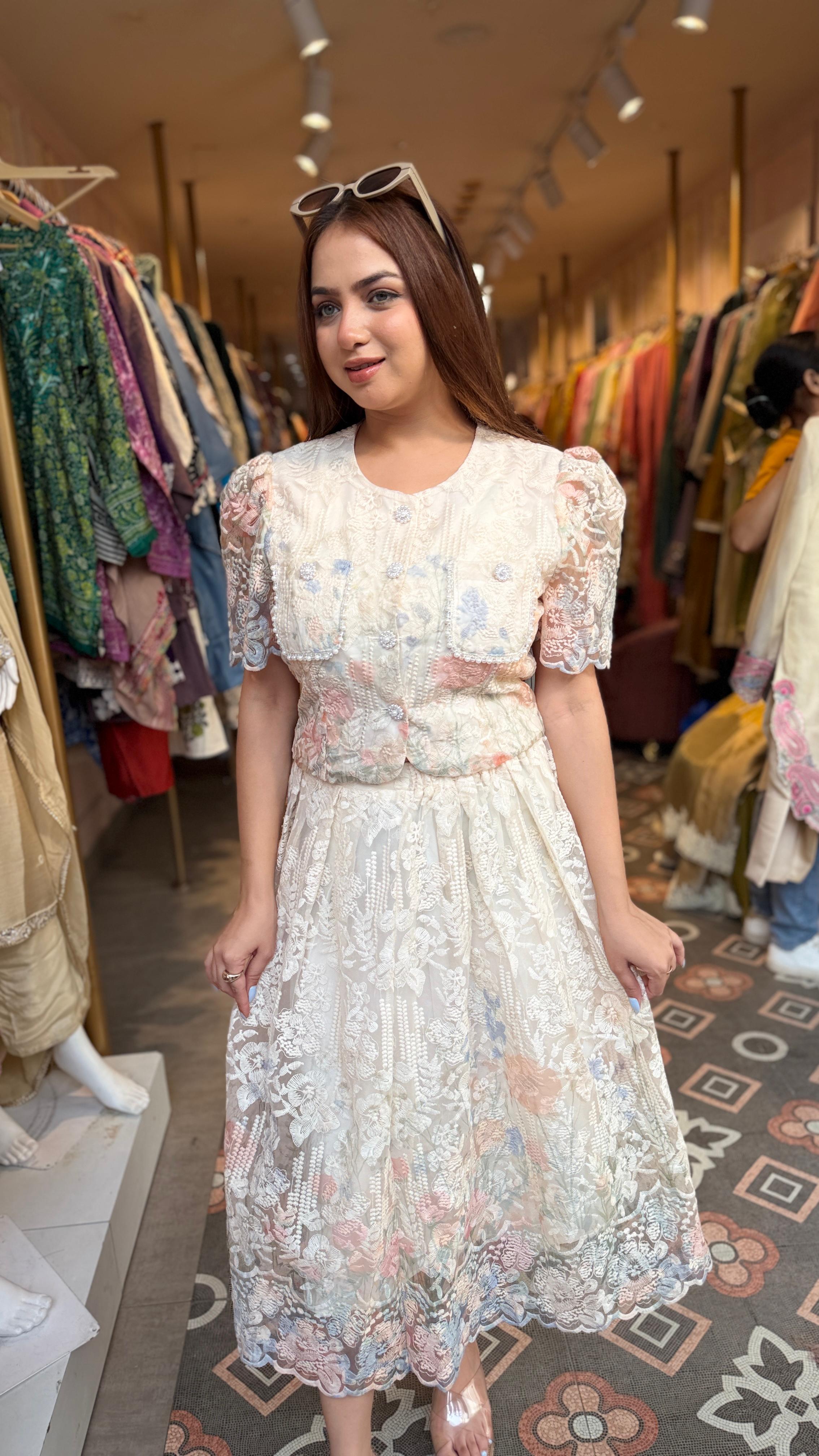 Pastel Bloom Lace Midi Dress