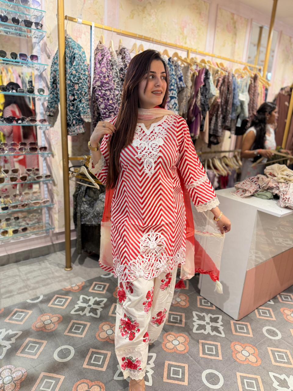 Ruby Chevron Embroidered 3-Piece Suit Set
