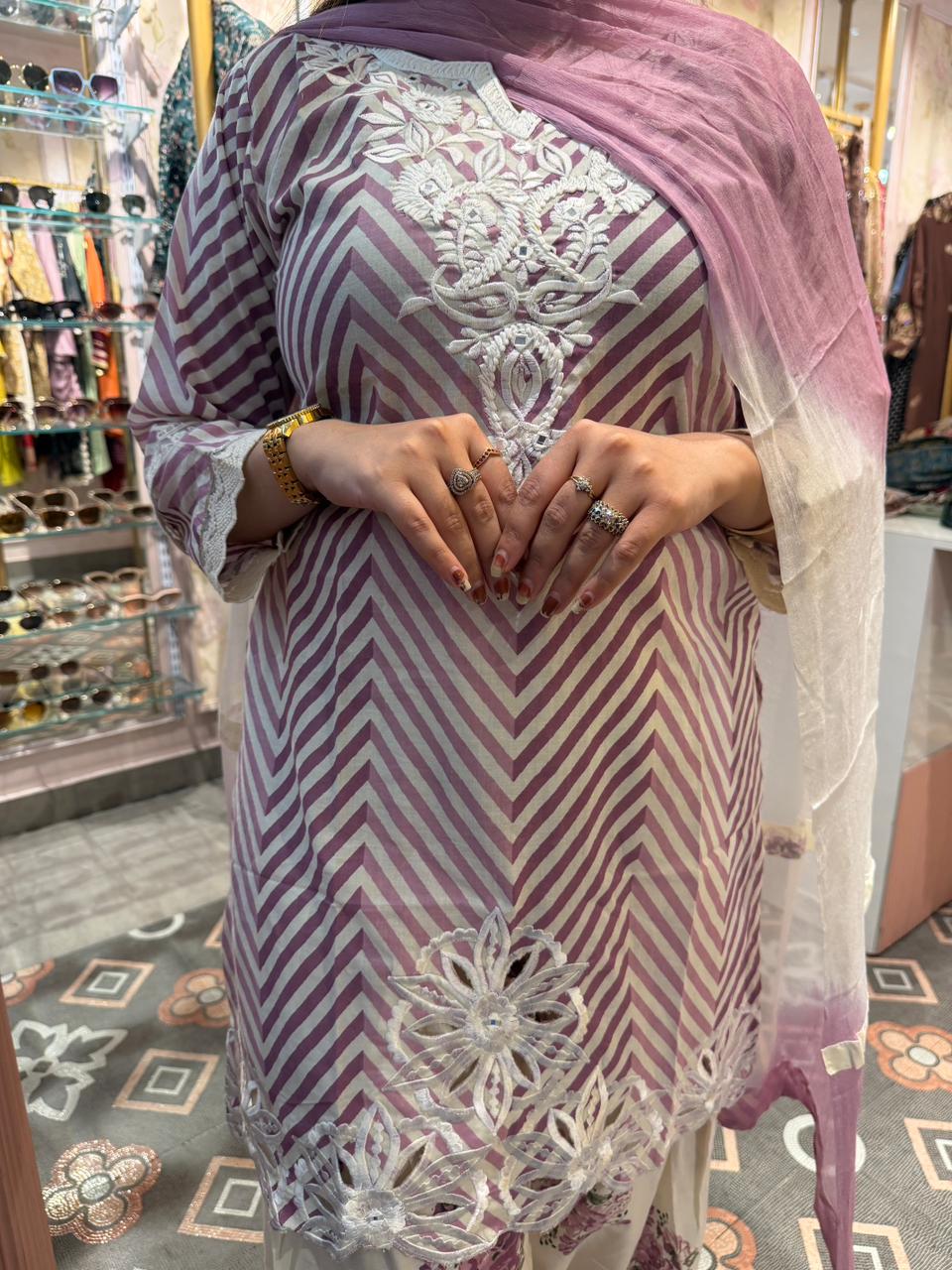 Ruby Chevron Embroidered 3-Piece Suit Set