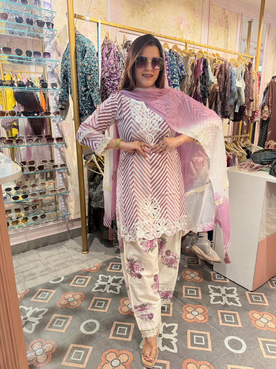 Ruby Chevron Embroidered 3-Piece Suit Set