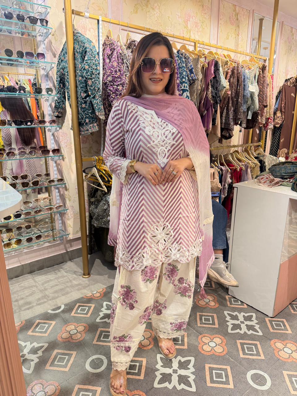 Ruby Chevron Embroidered 3-Piece Suit Set
