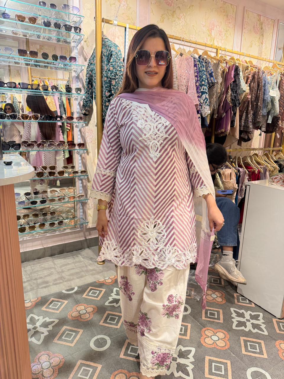 Ruby Chevron Embroidered 3-Piece Suit Set