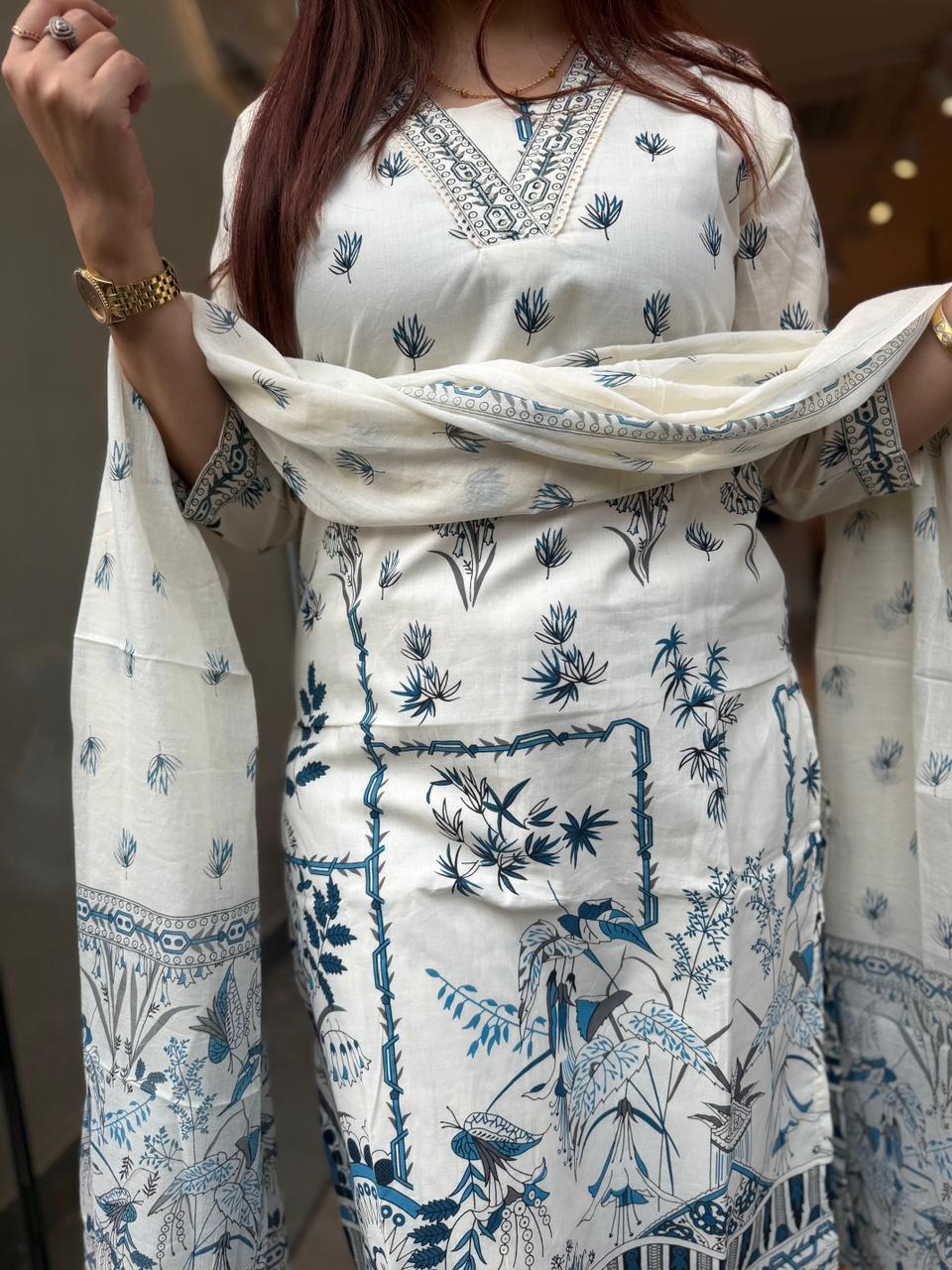 Azure Bloom Printed 3-Piece Suit Set